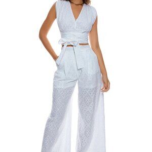 Luli Fama Ready To Wear White Eyelet Wide Pant M